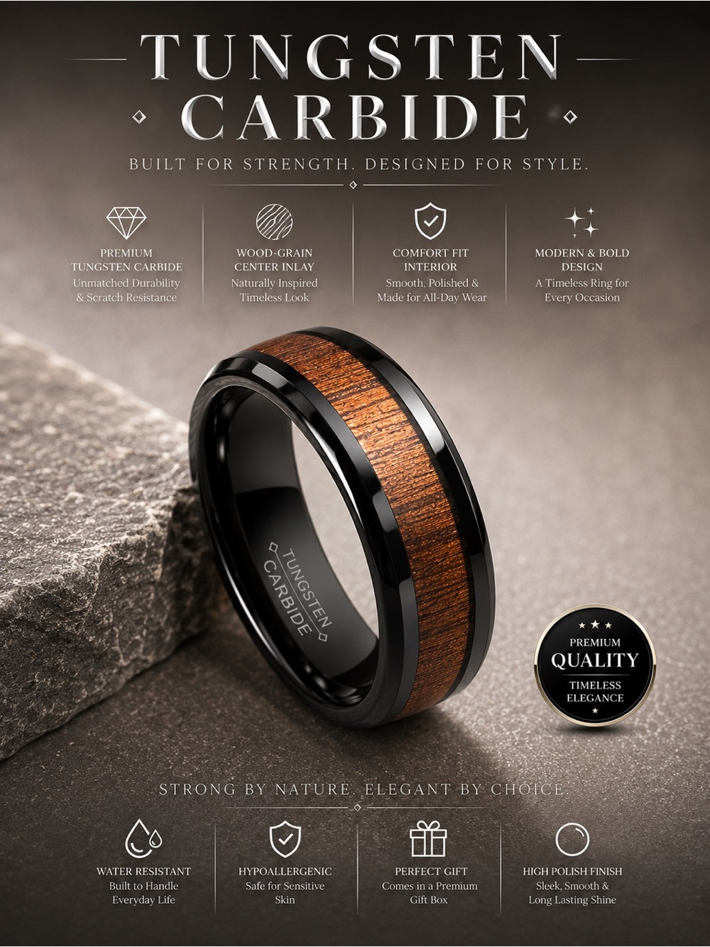 Tungsten Carbide Black Ring w/ Hawaiian Koa Wood Inlay | 8mm Comfort Fit